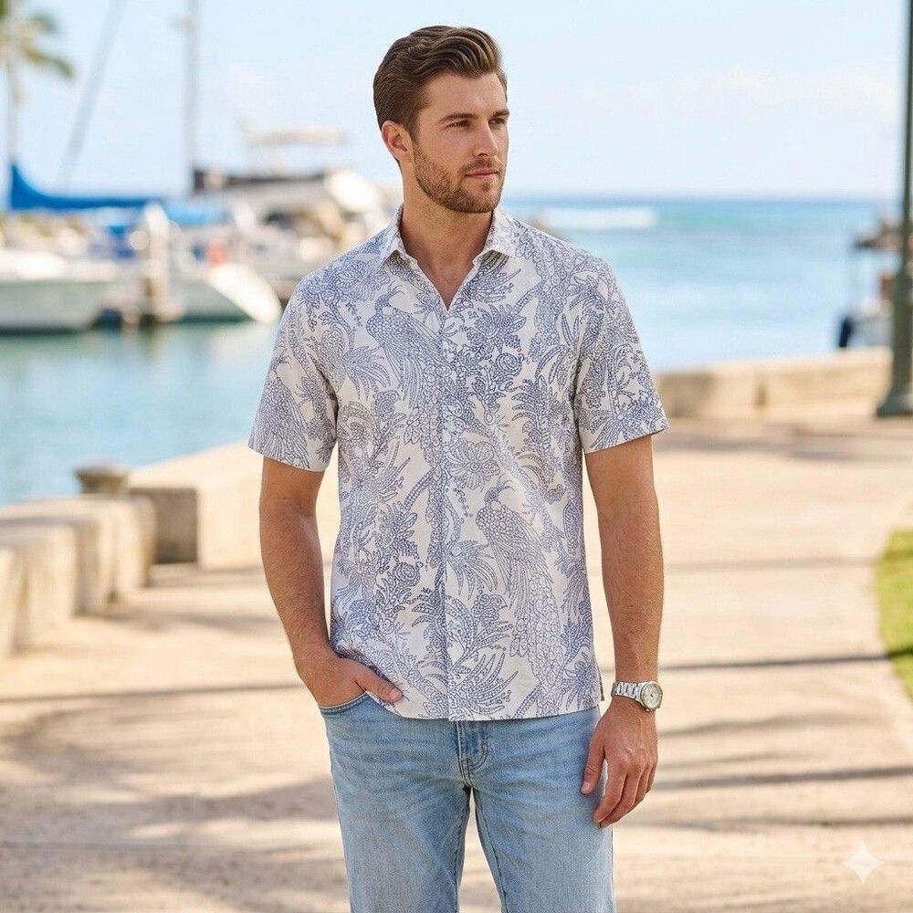 Tori Richard Men's Shirt S White Blue Peacock Floral Hawaiian Aloha Button Up